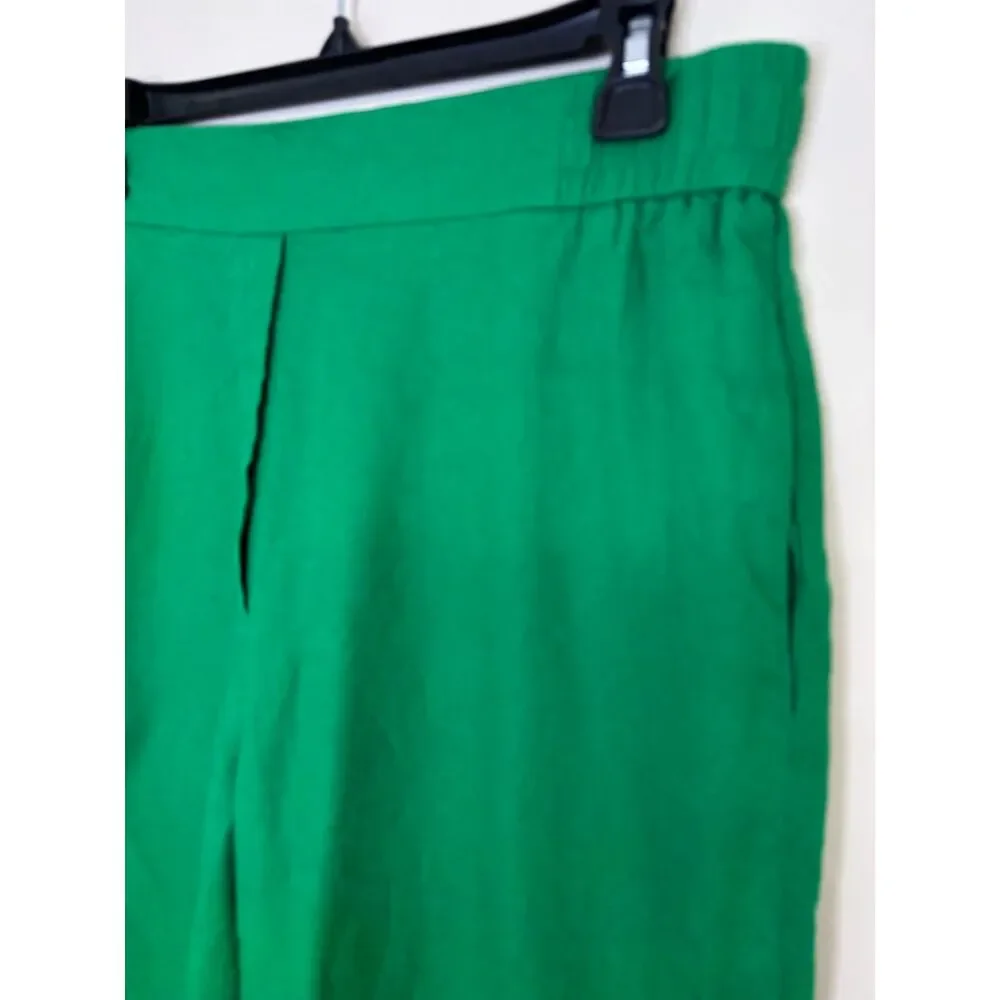 Zara Linen Blend Wide Leg Pants Womens L Green Pull On Elastic Waist